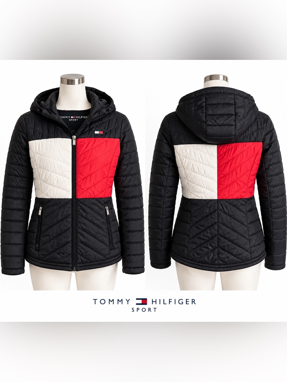 Tommy Hilfiger Sport Puffer Jacket Women’s Small Black Red White Colorblock Hoo